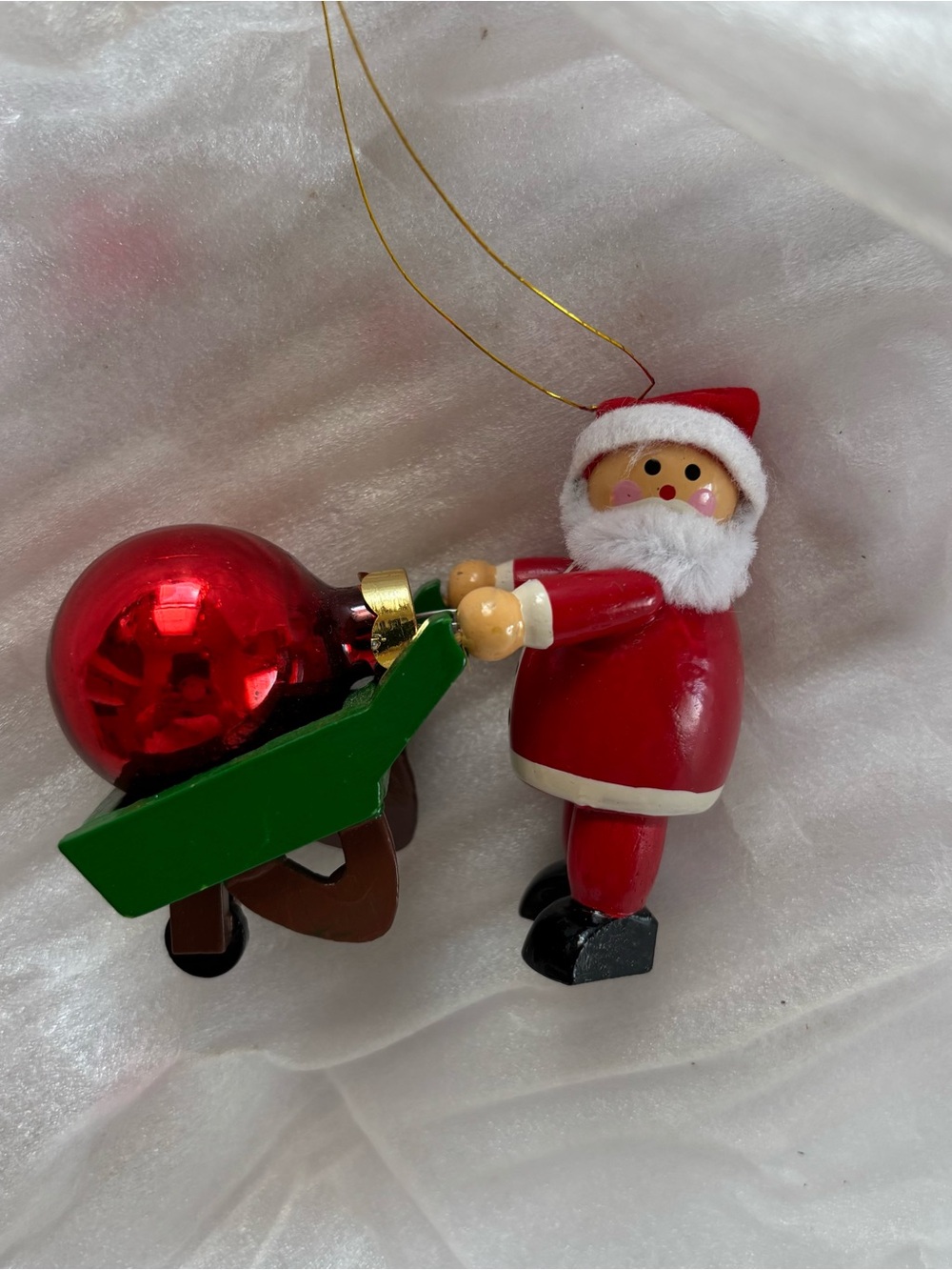 Avon Red Santa with Green Wheelbarrow and Shiny Red Bauble Ornament
